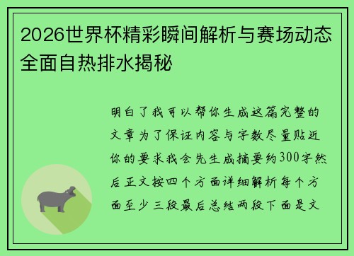 2026世界杯精彩瞬间解析与赛场动态全面自热排水揭秘